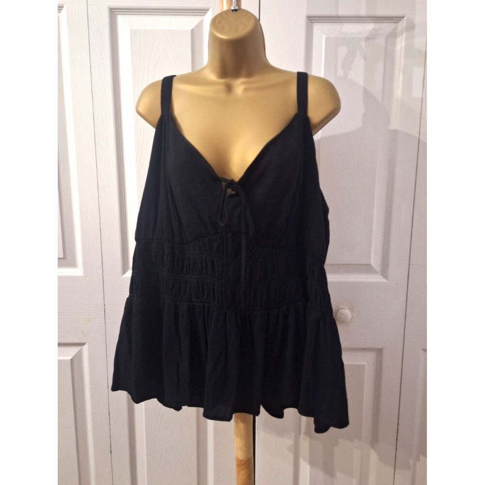 NWT Black Babydoll Gauze Cami Top Women's 3 3X 24 26 Smocked Front Tie Festival